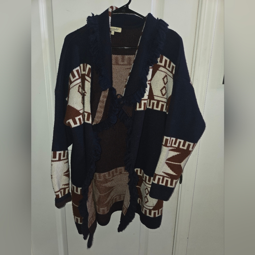 Cocogio Women Italy Aztec‎ Navy Brown Long Fringe Wool Blend Cardigan L